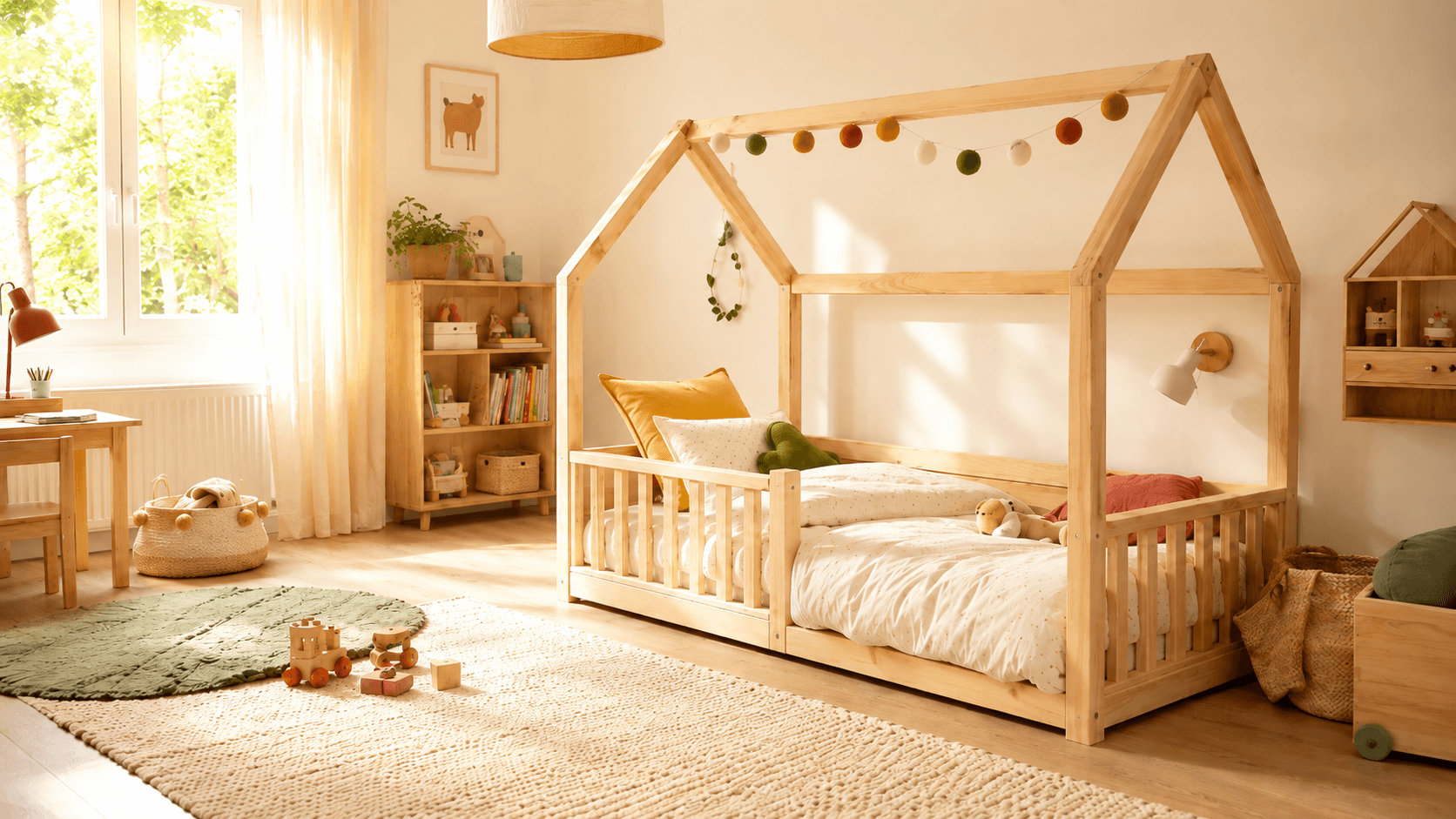 Chambre d'enfant avec lit cabane en bois clair, barrière de sécurité, marche d'accès et hublot rond